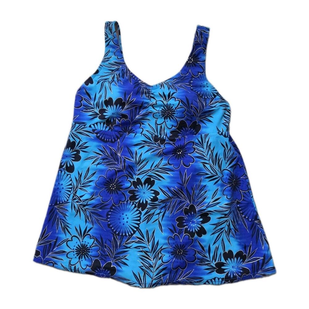 Islander Blue Floral One Piece Swimsuit Scoop Neck Swimdress Size 20W EUC